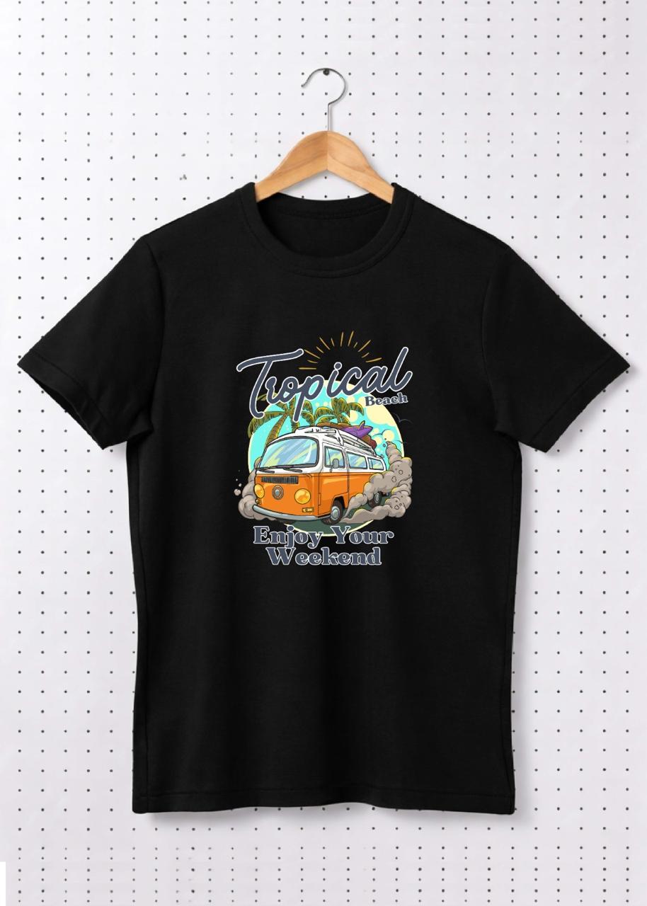 Premium Cotton “Tropical Beach – Enjoy Your Weekend” Graphic Oversized T-Shirt