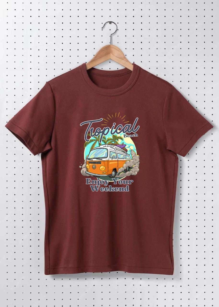 Premium Cotton “Tropical Beach – Enjoy Your Weekend” Graphic Oversized T-Shirt