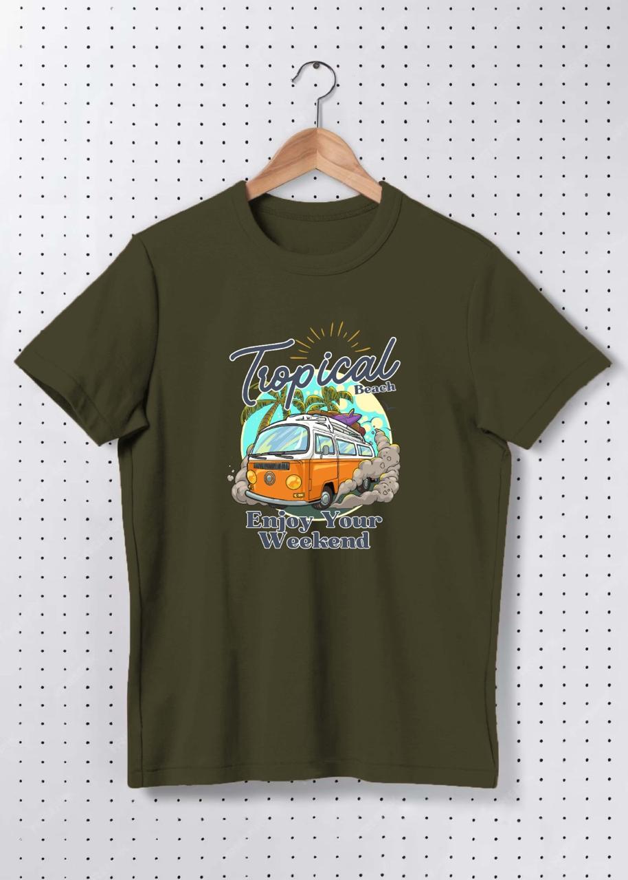 Premium Cotton “Tropical Beach – Enjoy Your Weekend” Graphic Oversized T-Shirt