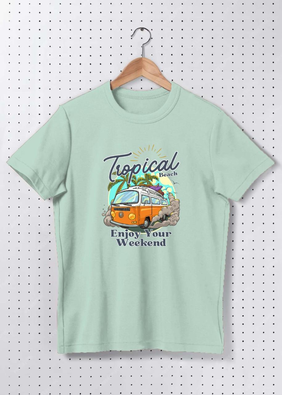 Premium Cotton “Tropical Beach – Enjoy Your Weekend” Graphic Oversized T-Shirt