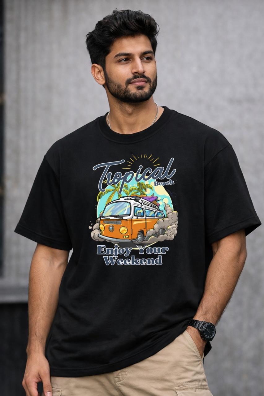 Premium Cotton “Tropical Beach – Enjoy Your Weekend” Graphic Oversized T-Shirt