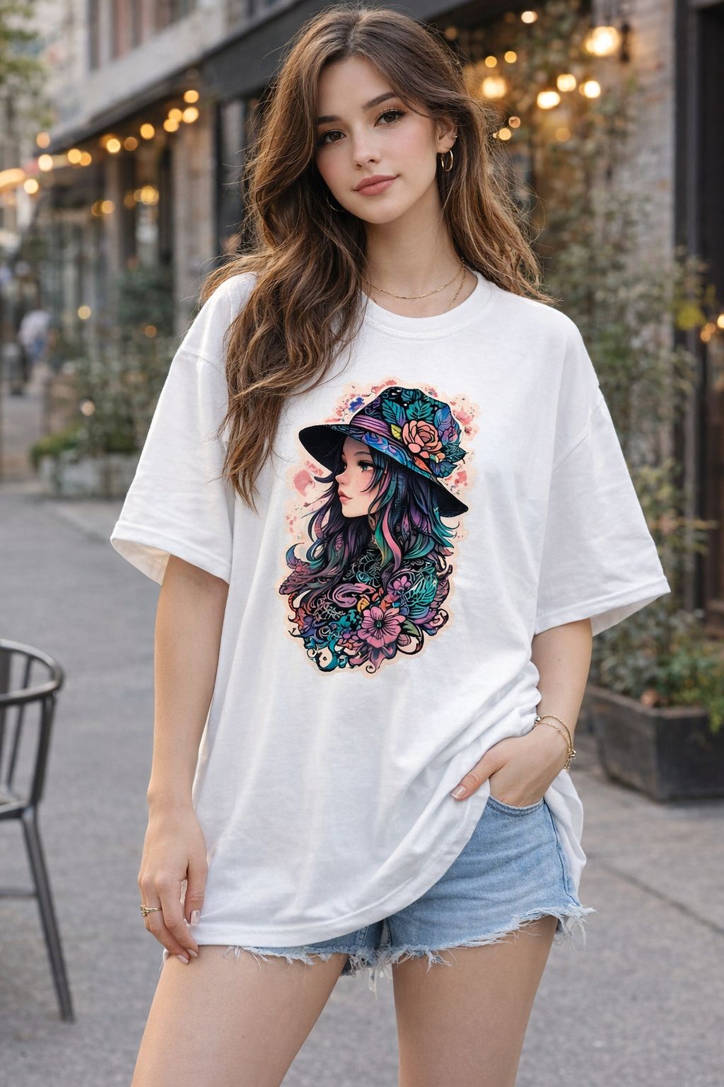 Premium Cotton Floral Muse Illustrated Graphic Oversized T-Shirt