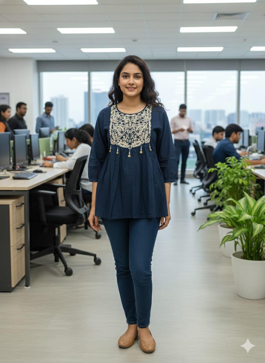 Embroidered Yoke Flared Top – Comfortable Everyday Fusion Wear