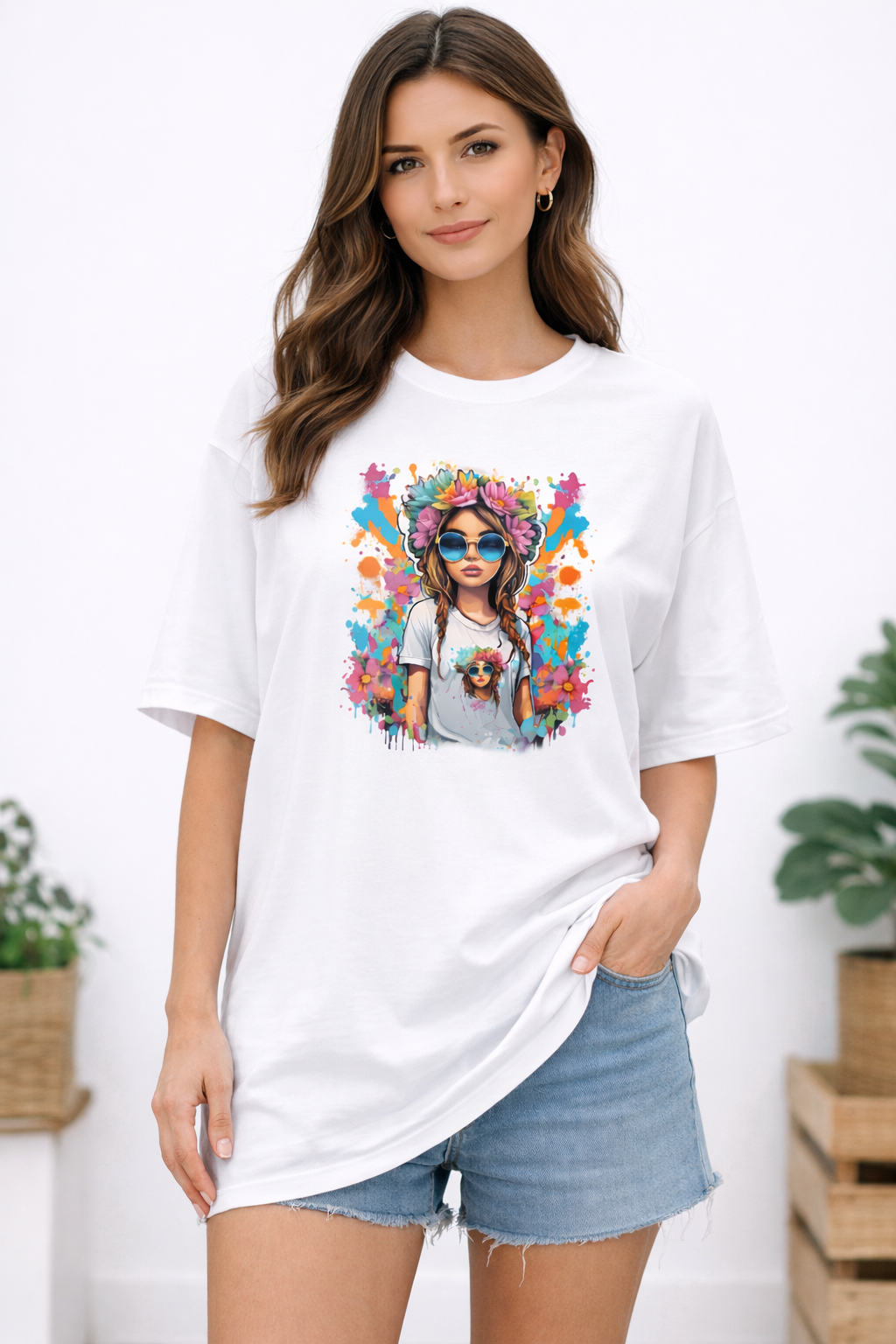 Premium Cotton Color Bloom Illustrated Graphic Oversized T-Shirt